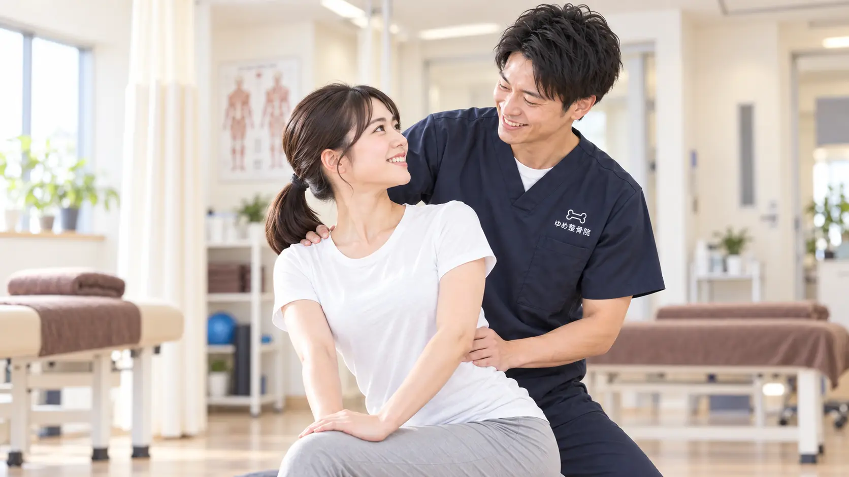 明るい整骨院で先生と患者様が笑顔で運動に取り組む様子